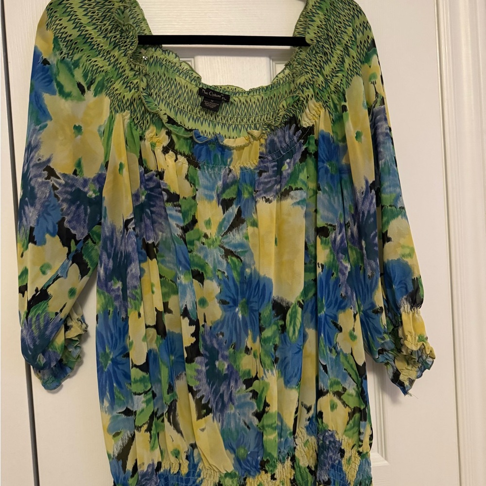 Nue Options Yellow and Blue Smocked Blouse 3/4 Sleeve